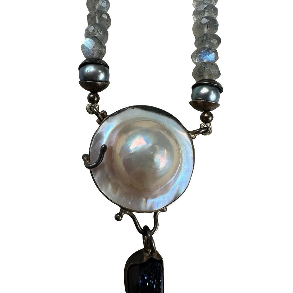 Artisan Labradorite Beaded Necklace Coin Pearl Druzy Pendant Boho - Picture 3 of 16